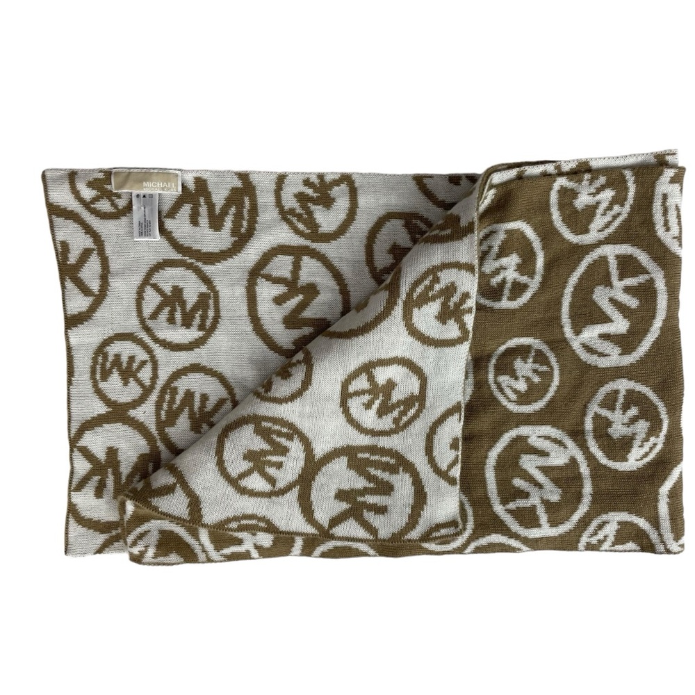 Michael Kors Monogram Reversible Knit Logo‎ Scarf Brown White 10 x 60